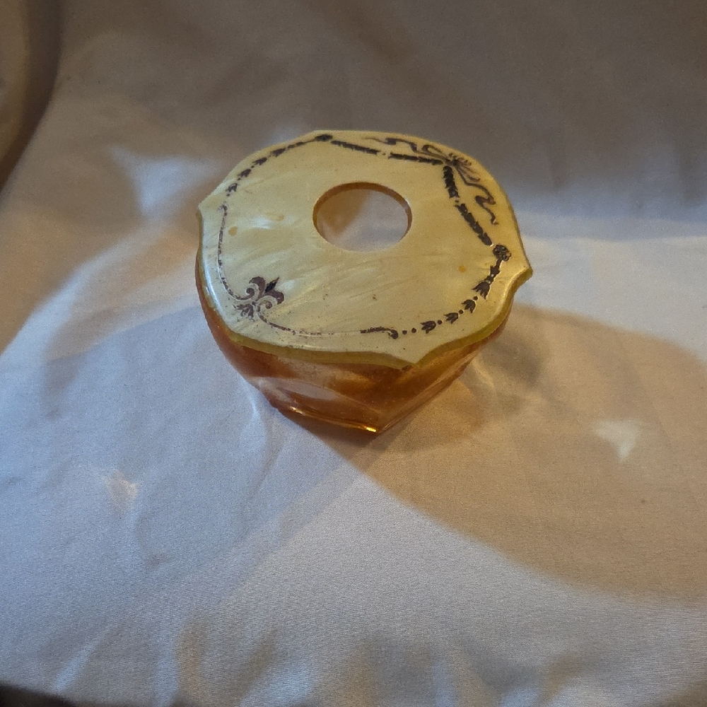 Vanity Powder Box/ Hair Reciever . Amber Glass With Celluloid Lid Vintage